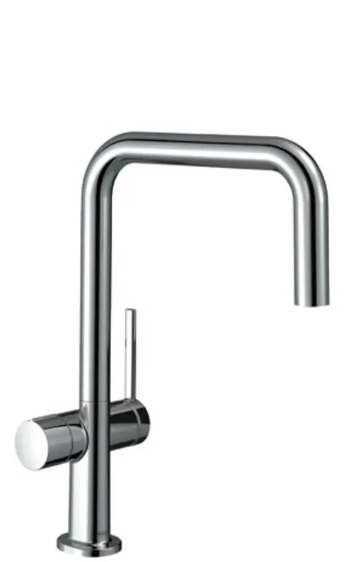 Hansgrohe Spültischmischer in chromfarbener Ausführung mit einem schwenkbaren Auslauf und seitlichem Hebel zur Temperatur- und Mengeneinstellung.